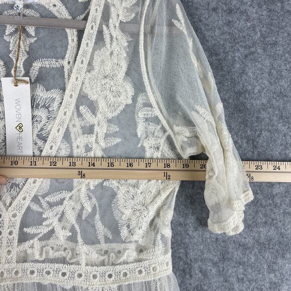Woven Heart Lace Boho Dress Womens Medium Ivory Sheer Mesh Embroidered Fairy NEW - Picture 7 of 15